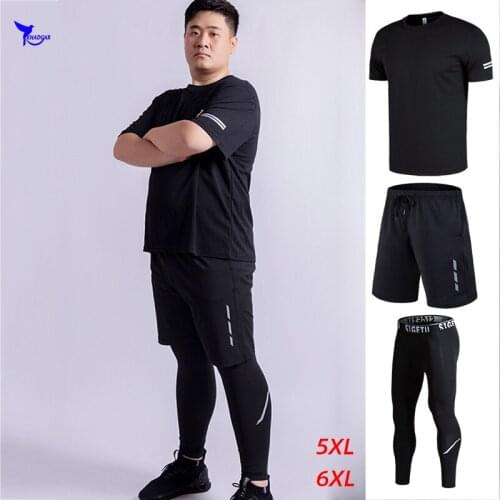 Mens 3Pcs Plus Size 5XL/6XL Running Suit Quick Dry Breathable Mesh Sport Set T Shirt+Shorts+Pants Gym Fitness Tracksuit Clothes