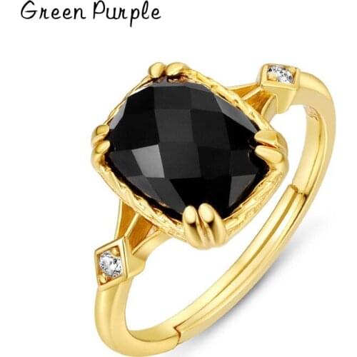 NEW 925 Sterling Silver Ring For Women Natural Black Agate Gemstone Adjustable Rings 18k Gold Plating Double Claws Protected