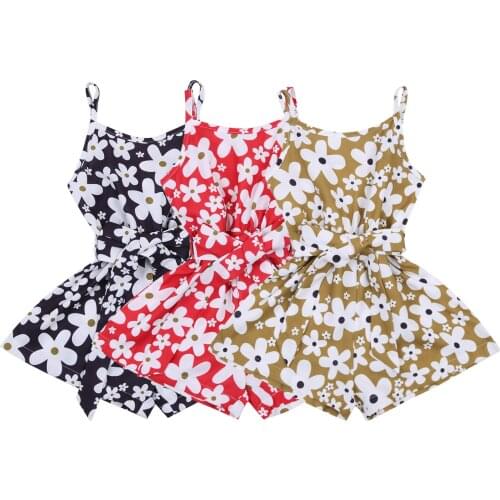 New Girls Romper Babys Floral Printing Crew Neck Camisole Waist Lace Up Jumpsuit for Toddlers