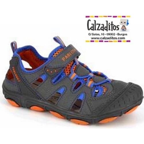 Pablosky child sandals in gray and blue microfiber with fleece