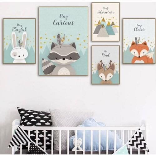 Nordic poster bear fox deer rabbit Nursery Wall Art oil painting cartoon and printing wall picture girl boy room home decoration