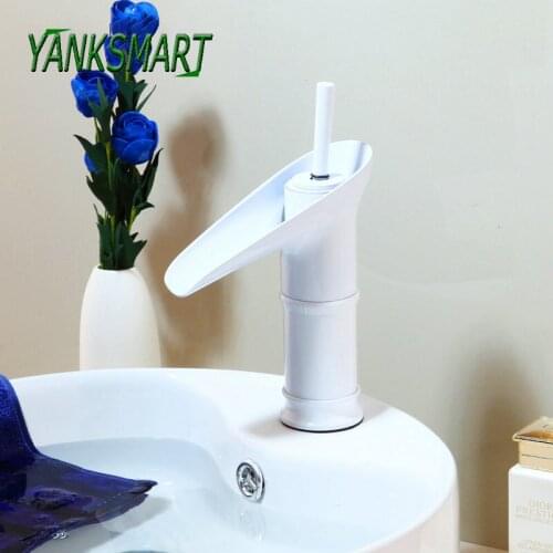 YANKSMART White Painting Bathroom Faucets Deck Mounted Waterfall Wash Basin Sink Faucet Cold & Hot Water Mixer Tap