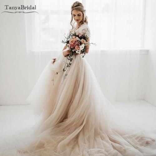 Light Champagne Tulle Skirts Wedding Dresses Bohemian Dreamy Elegant Vintage Bridal Gowns Vestido De Noiva DW027