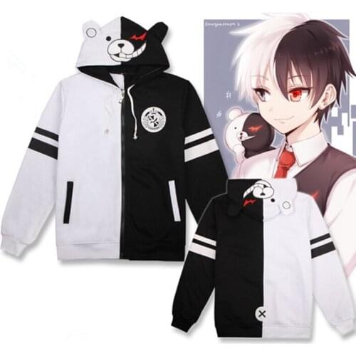 Danganronpa Monokuma Hoodie Halloween Cosplay Costume Zipperd Sweatshirt Warm T-shirt Hooded Jacket for Winter with Real Pockets