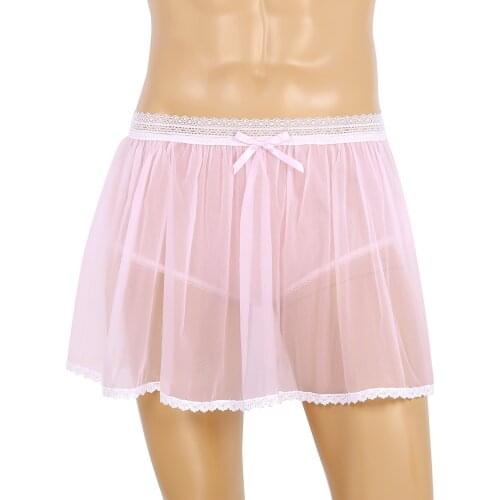 Mens Adult Sheer Nylon Sissy Skirted Panties Thong Tulle Crossdressing Underwear Sexy Gay Ruffled Lace See Through Skirt Panties
