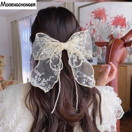 1PC Fashion Hairpins Women Hair Rope Lace Flower Pearl Bow Ribbon Hair Clip Hair Ornament Headband Black White Hair Accessories