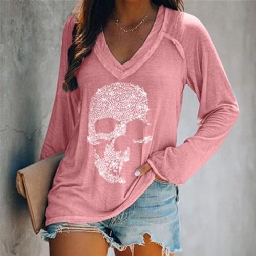 CA Plus Size 5xl Diamonds Skull T-shirt Women Top Graphic Woman Tops Girl Full Sleeves Soft Goth Aesthetic Female O-Neck Tees