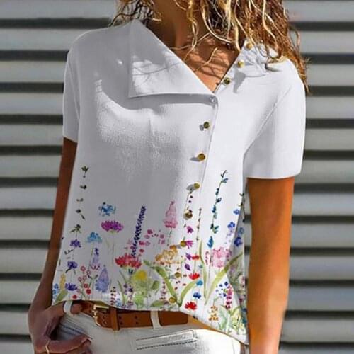 Women Fashion Summer Casual Print Loose T-shirt Vintage Plus Size Cotton linen Short Sleeve Blouse Button Tops