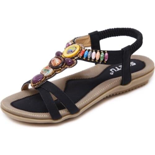 Plus Size Women Bohemia Beaded Flat Shoes Beach Sandals Thongs Flip Flops US 11.5