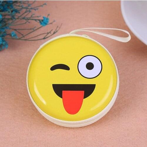 Tinplate ladies coin purse cute cartoon smiley coin box round zipper girl coin purse USB cable earphone storage bag holiday gift