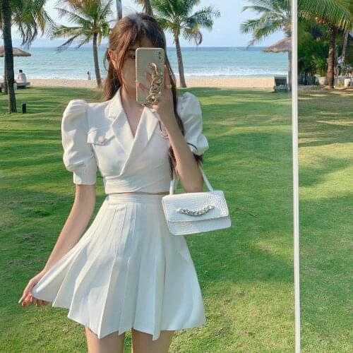 Short suit jacket + pleated skirt two-piece set female fashion Skirt Set high waist summer costume ensemble femme survetement