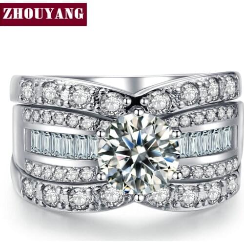 ZHOUYANG Ring Sets For Women Luxury 3 PCS Big AAA+ Cubic Zirconia Silver Color Wedding Party Gift Fashion Jewelry YG018