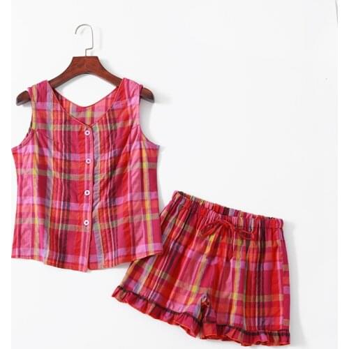 100% Cotton Pajamas Women New Casual Sleeveless Top + Shorts Sleepwear Set Buttons Plaid Ladies Nightwear Pijamas Suit