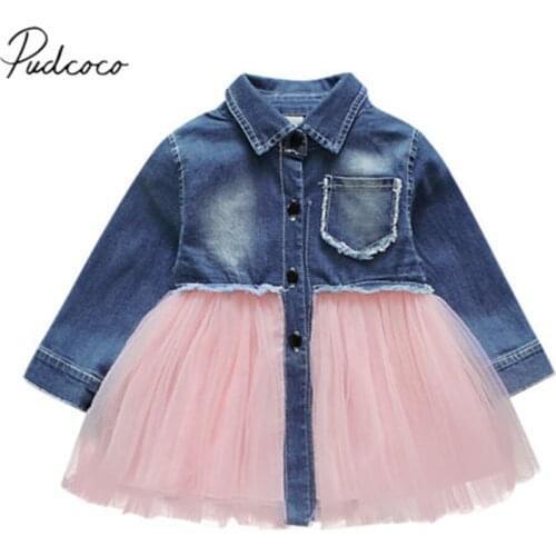 2019 Children Summer Clothing Toddler Baby Girls Denim Dress Long Sleeve Party Casual Tutu Chiffon Patchwork Kids Dresses 6M-4T