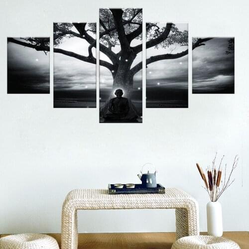 5 Pieces Abstract Wall Art Posters For Living Room Tree And Buddha HD Canvas Painting Modern Home Decor Modular Picture
