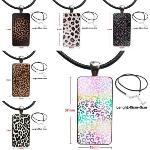 White Beige Grey Leopard Print For Women Girls Glass Pendant Necklace Handmade Half Pendant Rectangle Necklace