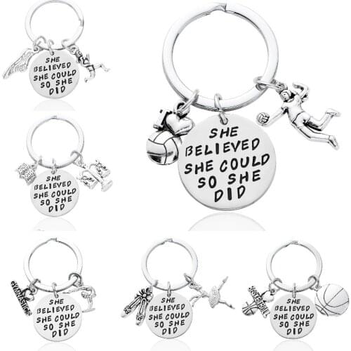 Keychain She Believed She Could So She Did Keyring Runner Dancer Volleyball Basketball Softball Sports Inspiration Gifts For Her