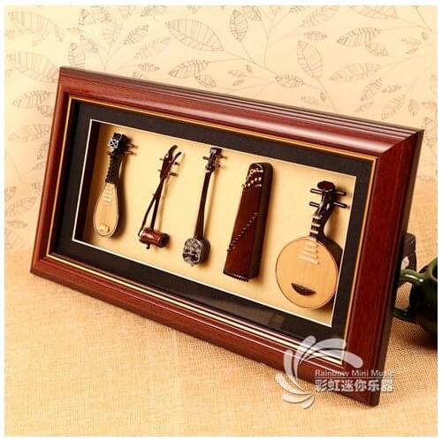 Wooden Mini Guzheng Pipa Erhu Five-piece with Glass Folk Picture Frame Chinese Traditional Gifts music instrumnets