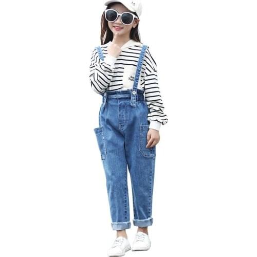 4-10 Y Big Girls Overalls Casual Korean Side Pocket Denim Jumpsuit for Girls Kids Jeans Fashion Loose Children Pants Jumpsuits