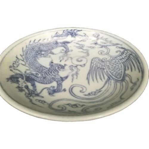 Chinese old porcelain Blue and white Dragon and Phoenix porcelain bowl plate