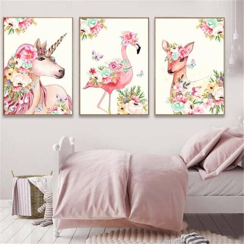 Canvas Painting Pink Flower Unicorn Flamingo Poster Wall Art Kindergarten Print Nordic Decorative Picture Child Bedroom Decor