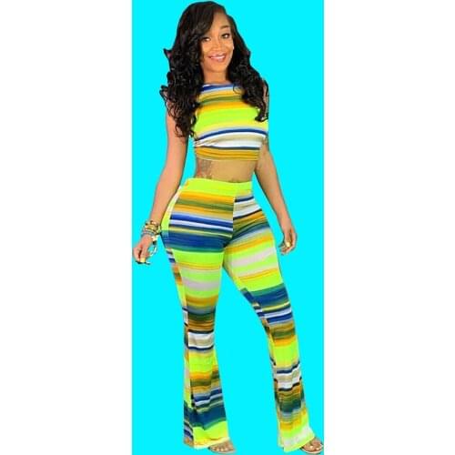 Neon Striped Printed Two Piece Tracksuit Summer Outfits for Women Backless Slim Fit Crop Top and Bell Bottom Pant Female Suits