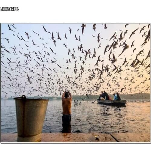 Diy Diamond Painting Cross Stitch Boating People & Seagulls Needlework Diamond Embroidery Full Round Mosaic Decoration Resin Kit