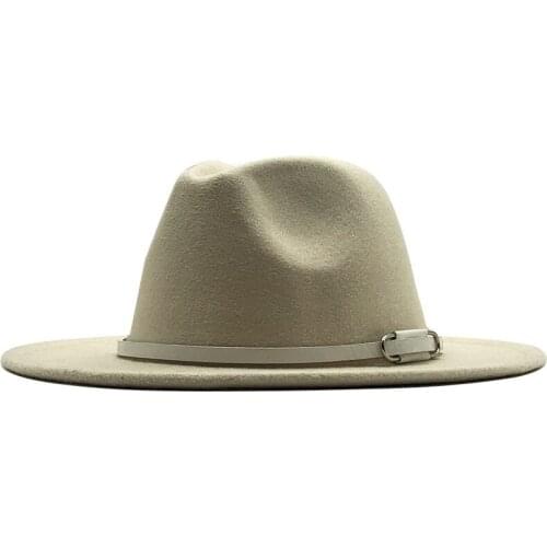 New Style Simple Women Wool Wide Brim Exquisite White Leather With Fedora Hat Autumn Winter Vintage Panama Jazz Top Cap
