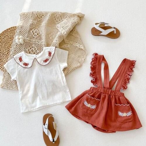 New 2021 Summer Kids Baby Girls Clothes Set Embroider Short Sleeve T-shirt + Braces Skirt Newborn Infant Girls Clothing