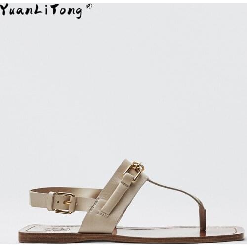Genuine Leather New Md Womens Sandals 2021 Summer Cowhide Word Buckle Flat Casual Sandals Beach Shoes
