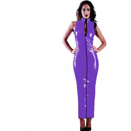 Bodycon Sheath Dress Women PVC Front Full Zipper Dress Sexy Femme Pencil Tight Dress Black Long Sleeve Vinyl Party Dresses
