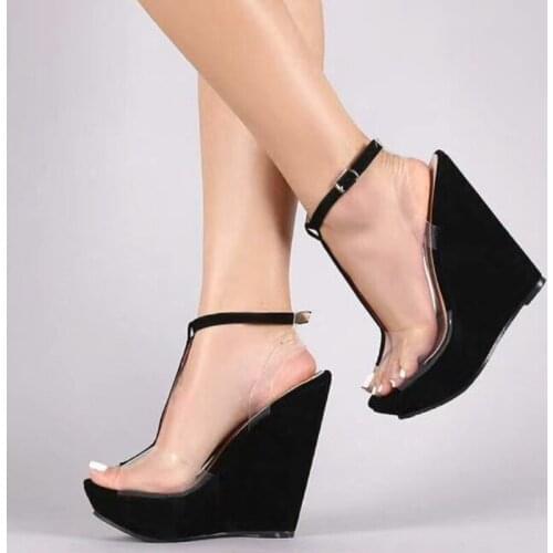 SHOFOO shoes,Elegant and fashionable womens shoes, transparent PVC,14.5cm wedges heel sandals, womens sandals. SIZE:34-45