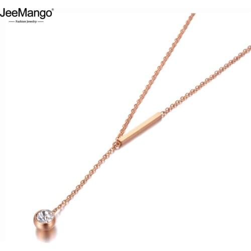 JeeMango Office Style Titanium Stainless Steel CZ Crystal Chain Choker Necklace Rose Gold Pendant Necklace For Women JN20110