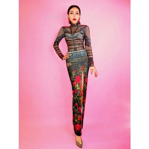 Fashion Black Stretch Fabrics Rhinestones Cheongsam Skinny Evening Wear Flowers party Womens Prom Birthday Celebrate Dresses