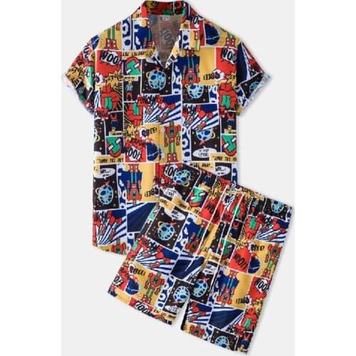 Fashion Anime Print Hawaiian Shirt and Shorts Two Piece Suits Men Casual Short Sleeve Shirts Set Men Harajuku Streetwear Clothes