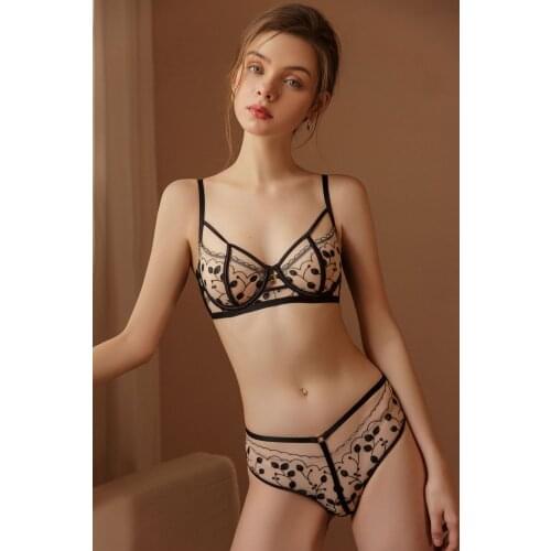 Sexy lingerie briefs contrast color lingerie embroidery intimates women with steel ring big breasts perspective bra panty set