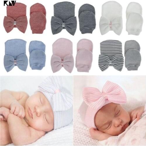 Newborn Baby Hat and Mitten Set Cotton Knit Big Bow Hat Soft Cute Knot Breathable Warmer Cap Anti Scrach Gloves Infant Bonnet