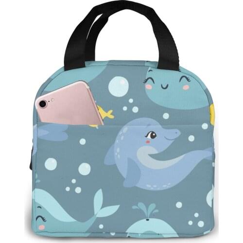 Cute Whales Dolphins Lunch Bag Portable Insulated Thermal Cooler Bento Lunch Box Tote Picnic Storage Bag Pouch