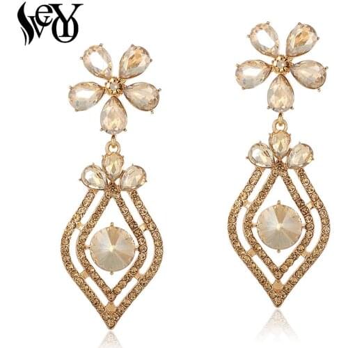 VEYO Flower Crystal Earrings Rhinestone Hollow out Drop Earrings for Women Fashion Jewelry Gift