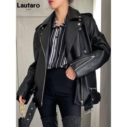 Lautaro Autumn Womens Leather Motorcycle Biker Jacket Zipper Long Sleeve Loose Red Black Soft Faux Leather Jacket for Women 2021