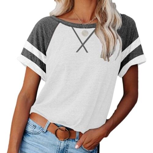 2021 Summer Women Round Neck Short Sleeve Shirt Basic Color Matching Cross Tops Tshirt Loose Casual Comfy Crew Neck Tunics Tees