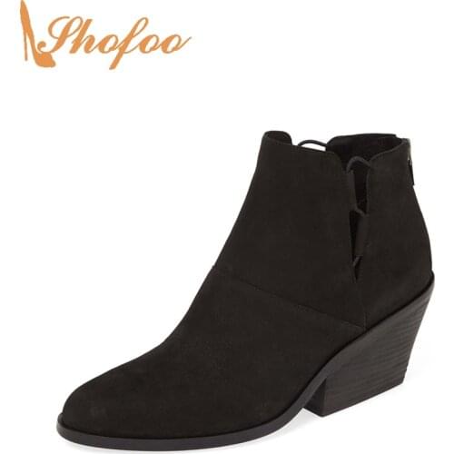 Black Solid Color Ankle Boots High Chunky Heels Woman Almond Toe Zip Booties Large Size 15 16 Ladies Fashion Mature Shoes Shofoo