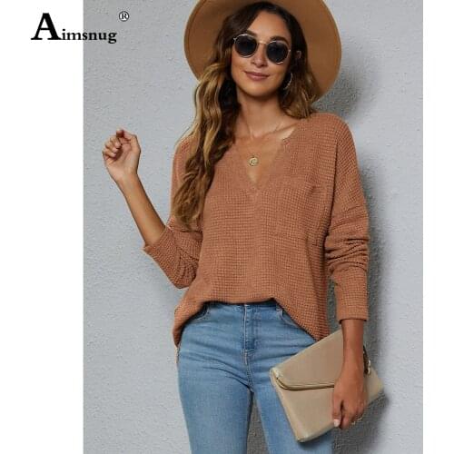 Women Fashion Sweaters Sexy V-Neck Casual Loose Pullovers 2021 Autumn Pocket Design Top Streetwear Female knitting Pullovers