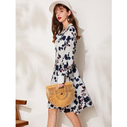 Autumn Pure Silk Dress 100% Mulberry Silk Women One-piece Loose A-line Print Long Sleeve Dresses M L XL FREE SHIPPING