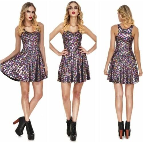 Lady Mini Pleated Dress Metallic Shiny Scale High Waist Stretchy Party Club Wear