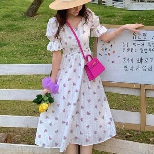2021 Summer Sweet Elegant Dress Kawaii Korean Style Office Lady Women Short Sleeve Chiffon Floral Dress Party Beach Casual Dress