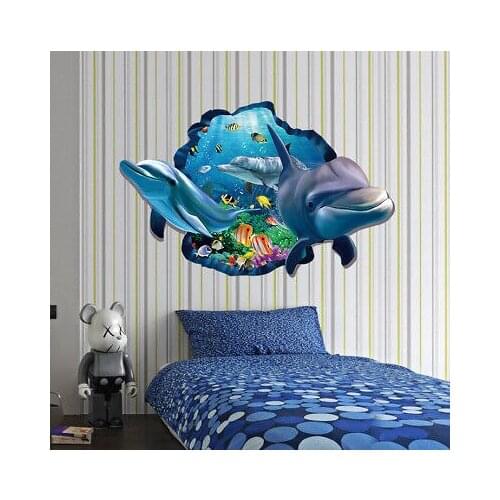 1Pcs Removable DIY Wall Art Stickers Blue Dolphin Vinyl Mural PVC 3D Bedroom Home Decors Sticker 90x60cm