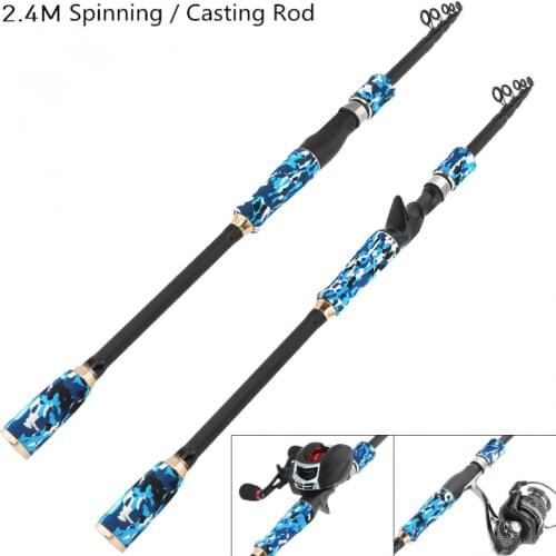 2.4m Blue Carbon Fiber Lure Fishing Rod Spinning Casting Rod 6 Section Telescopic Ultra Light Travel Fishing Pole Lure Tackle