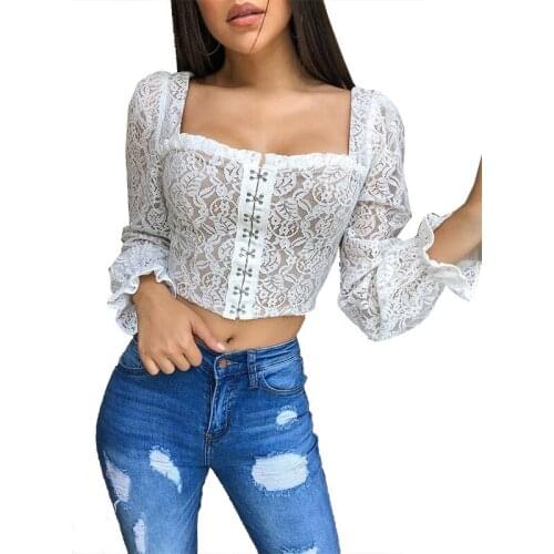 2020 Sexy Cardigan V-Neck Button Down Tops Lace Trim Long Sleeves Shirt Elegant Women Tops