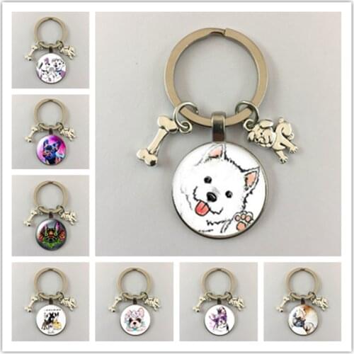 Lovely Dog shepherd dog Pomeranian Bulldog Round glass cabochon keychain Bag Car key chain Ring Holder Charms keychains for gift